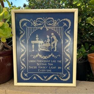 Vintage Framed Blue and Cream Embroidered Art